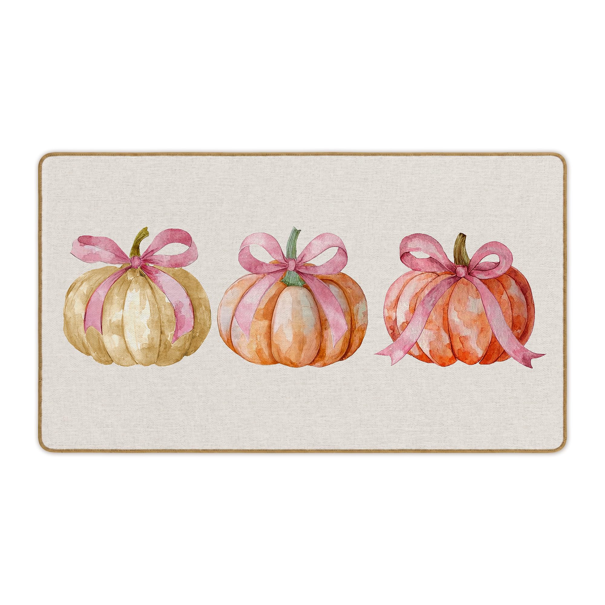 WTOGQ front view of pink bow pumpkin mat adding seasonal charm