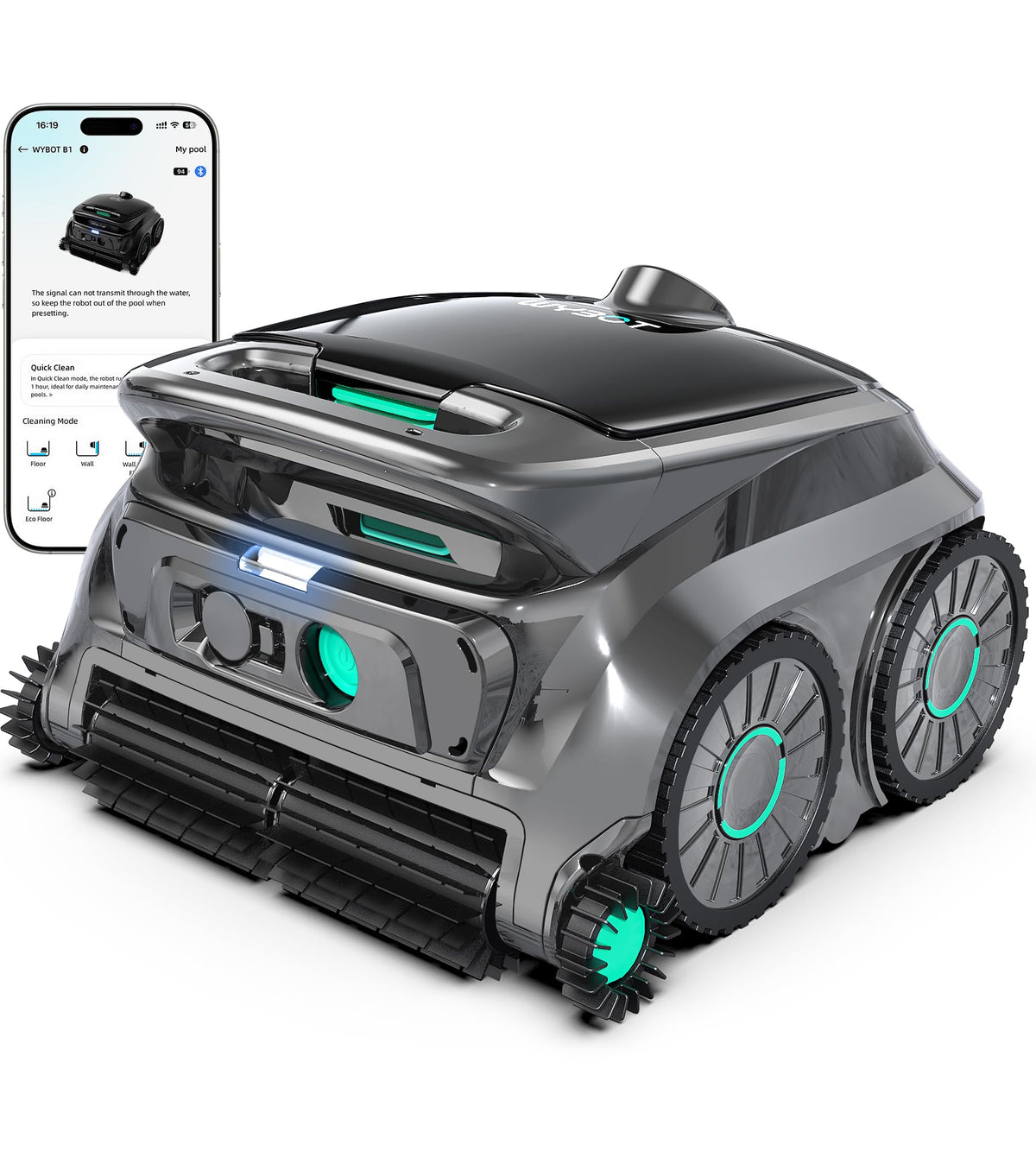 WYBOT B1 front view showing cordless design and compact build with powerful suction