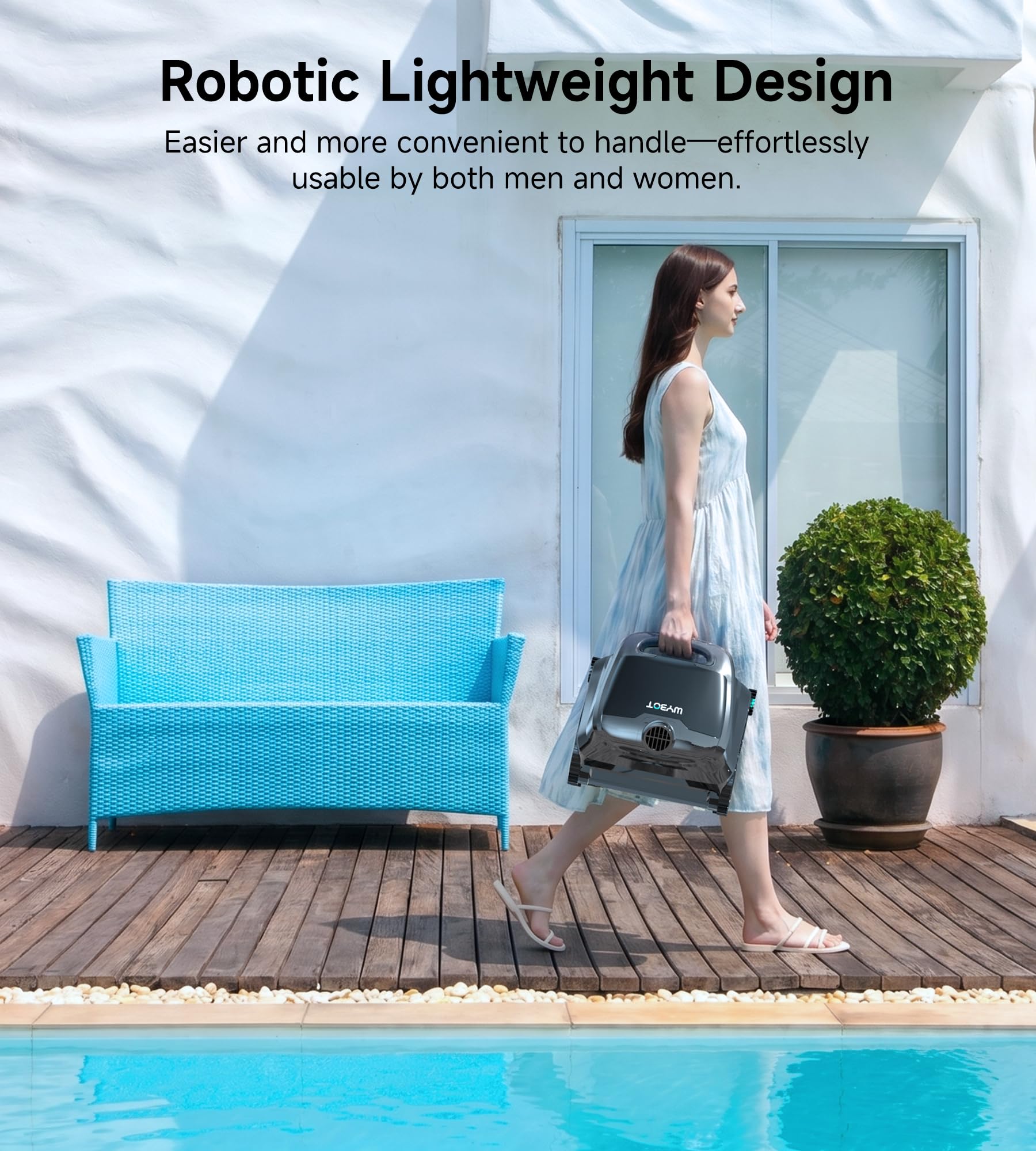 WYBOT B1 lifestyle poolside scene demonstrating effortless automated pool care