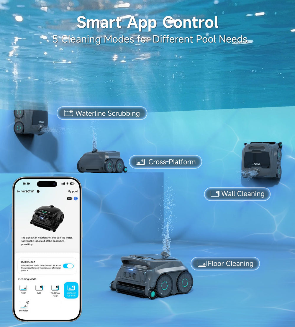 WYBOT B1 size comparison with hand showing compact, portable cordless convenience