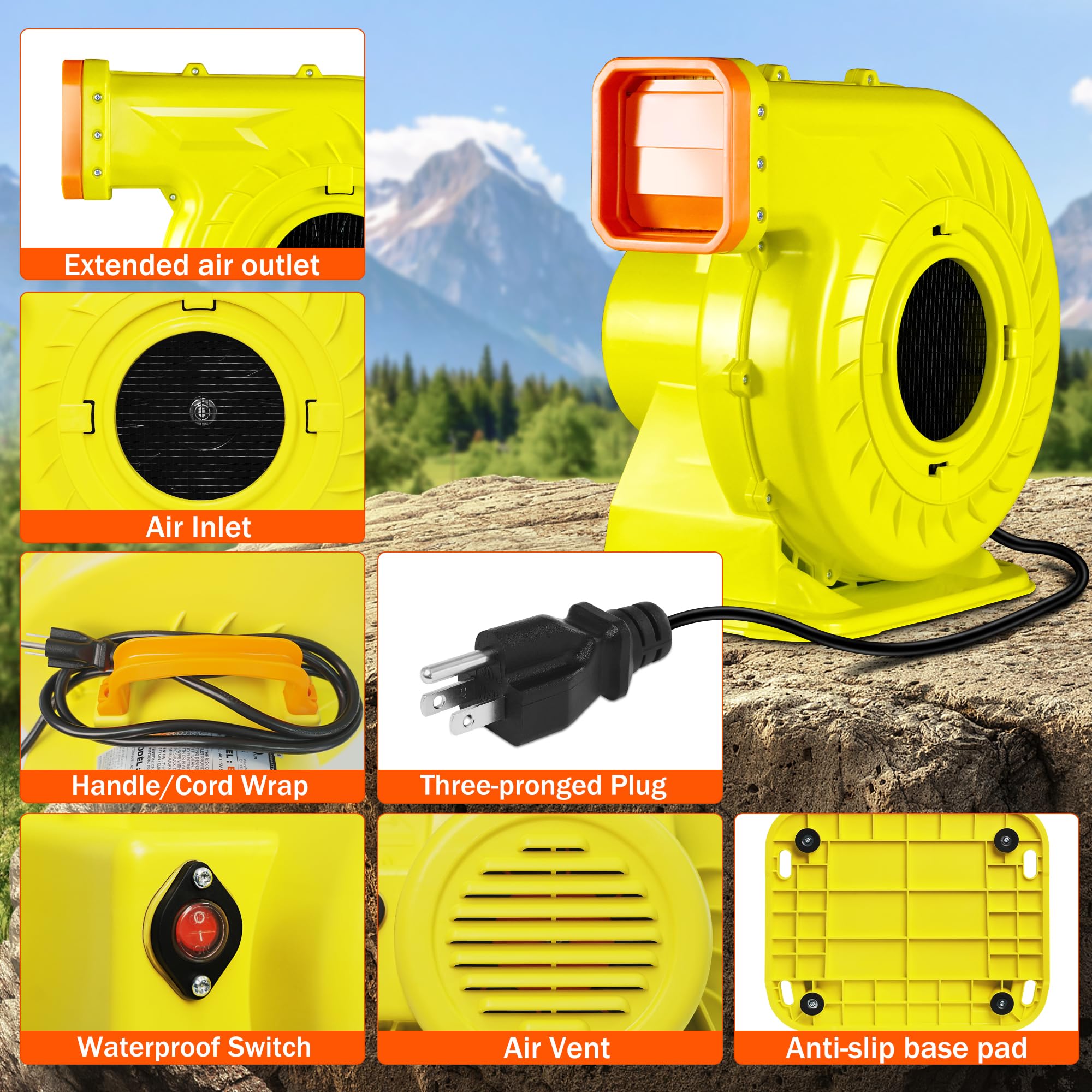 WZIIOT blower on wet grass with splash-protected switch, safe light-rain operation