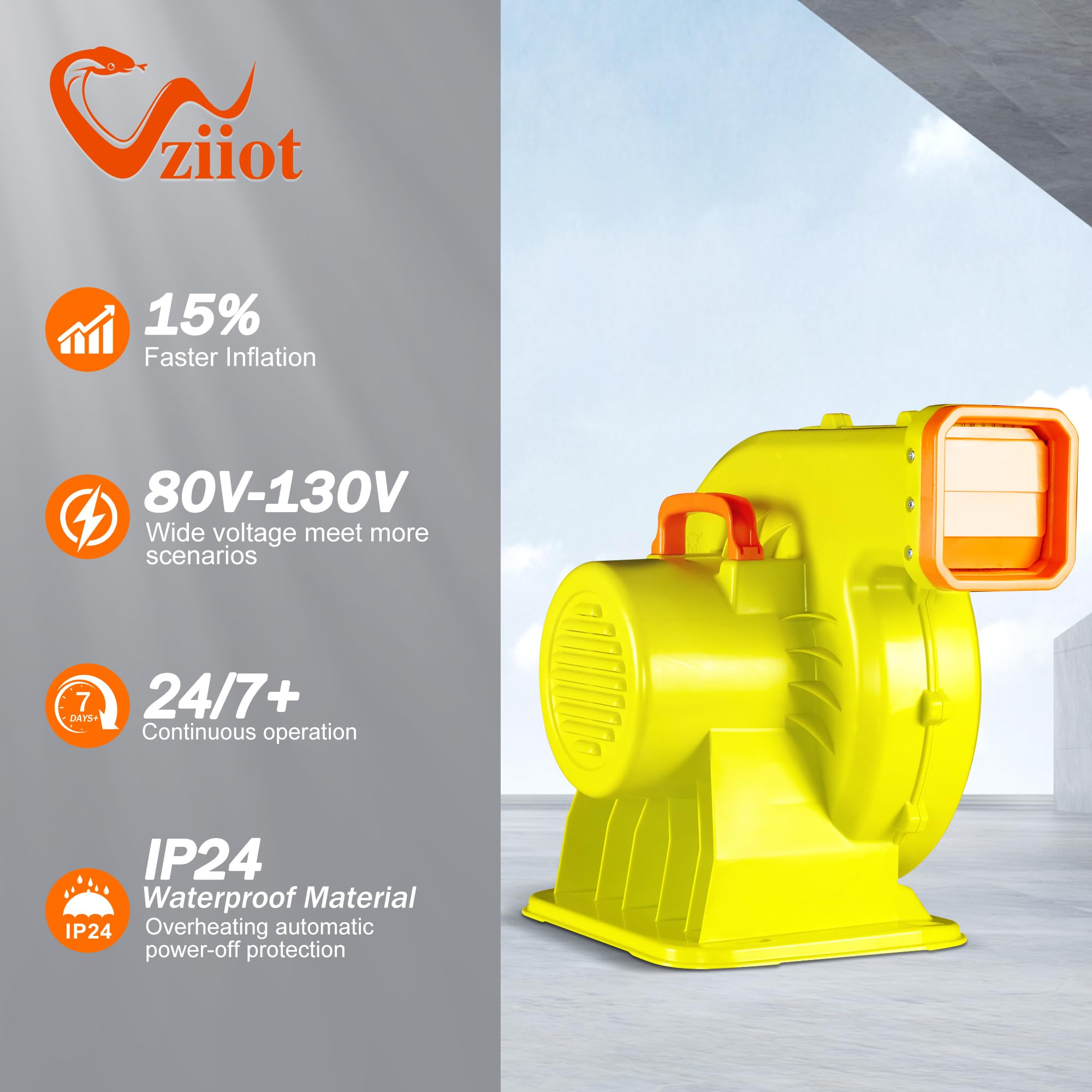 WZIIOT blower outlet detail showing 5.7x5.4in opening, compatible with large inflatable tubes