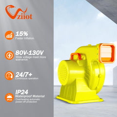 WZIIOT blower outlet detail showing 5.7x5.4in opening, compatible with large inflatable tubes