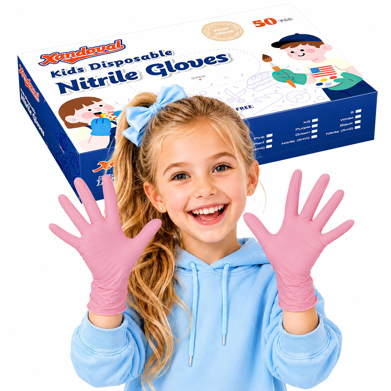 Xandoval front packaging showing XS pink gloves and box benefits