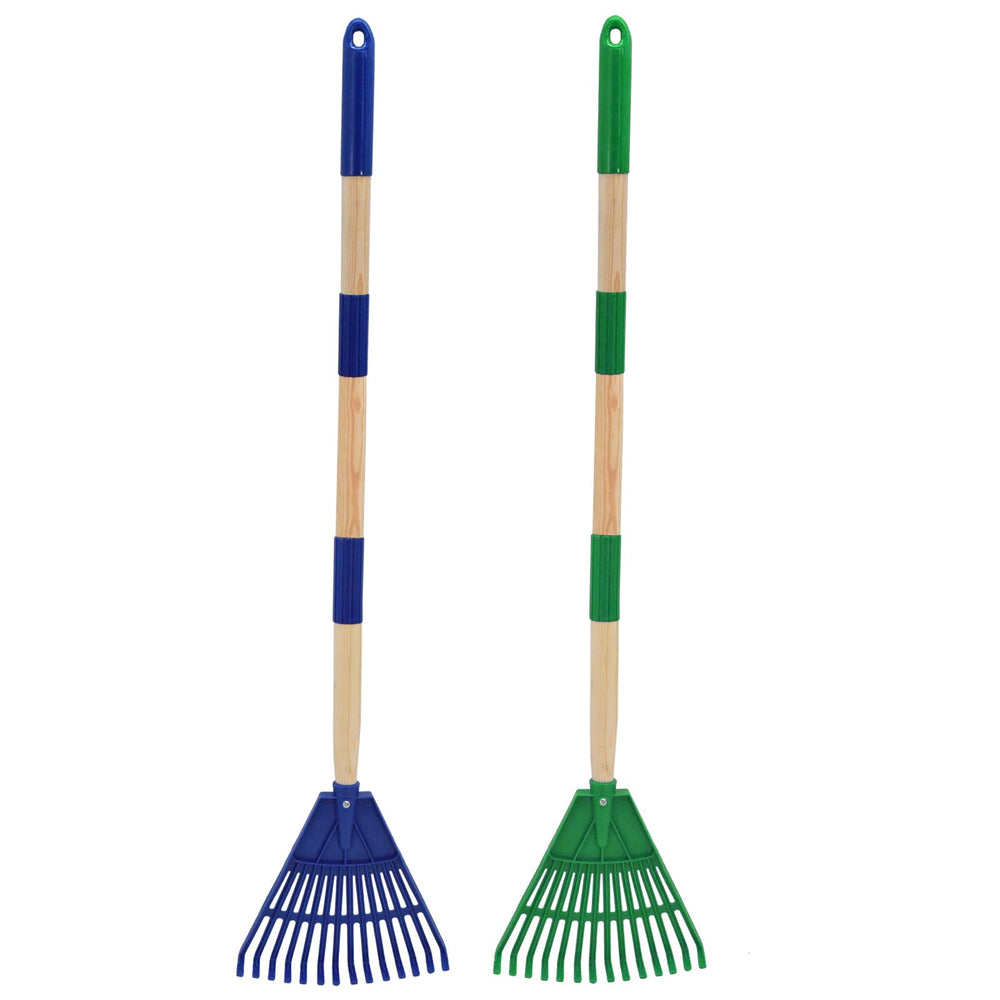 Xifando kids rake front view showing colorful head and wooden handle for playful gardening