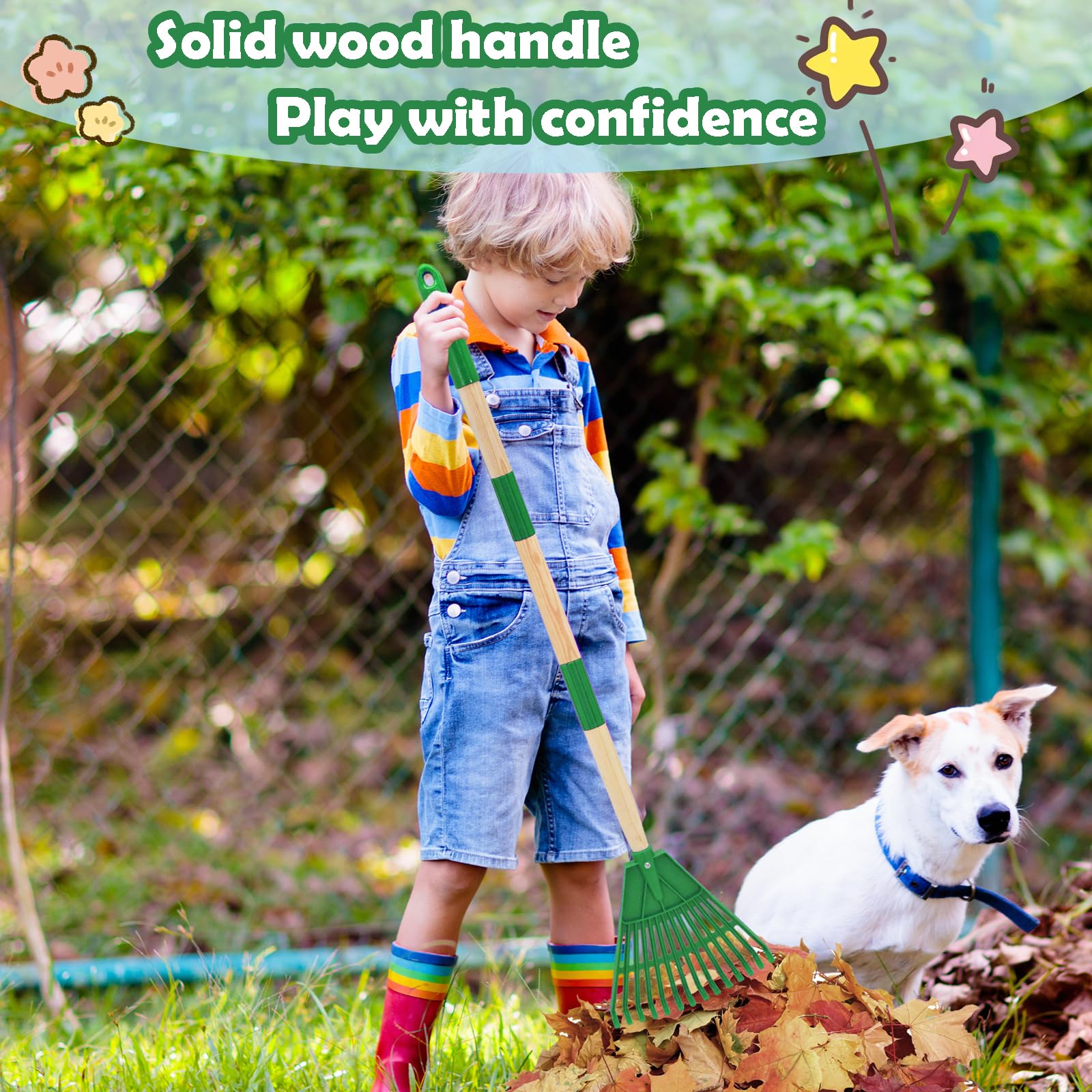 Xifando rake beside a child to show scale and adjustable length benefits