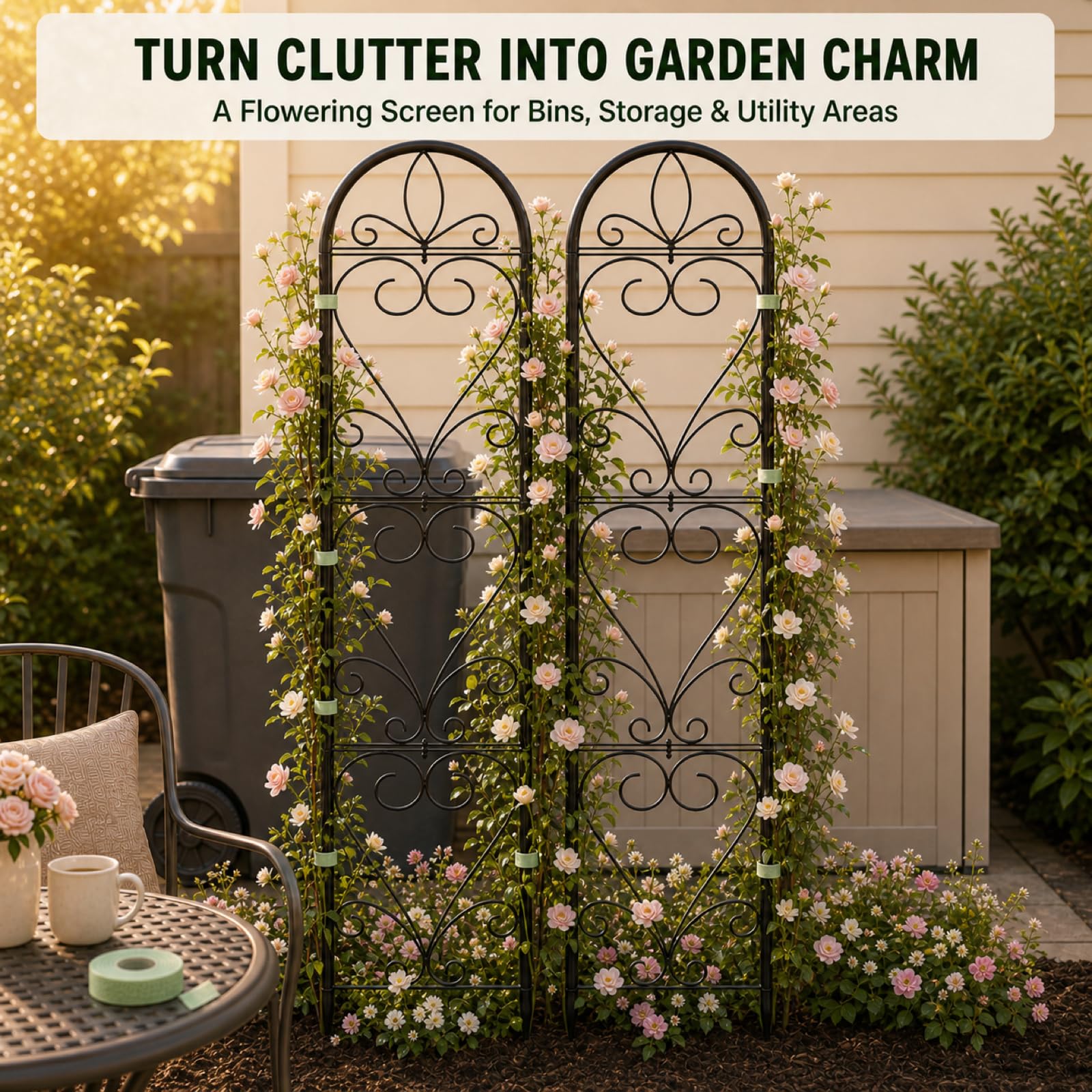 XYCCRX trellis in large planter on patio adding height and visual interest benefit