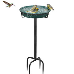 YALINKA front view of freestanding birdbath showing full silhouette and stake — durable outdoor accent