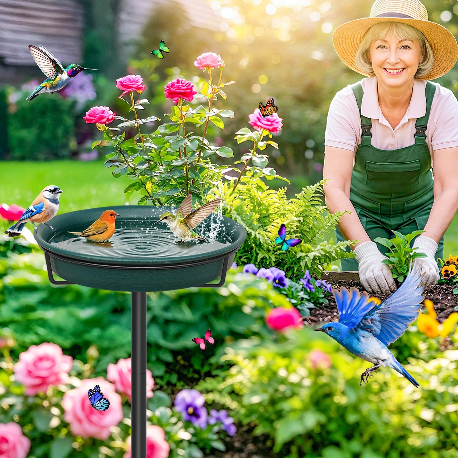 YALINKA birdbath beside a hand for scale — compact size fits patios and garden beds