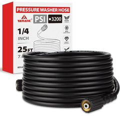 YAMATIC front view of coiled 25ft pressure washer hose showing label and length benefit