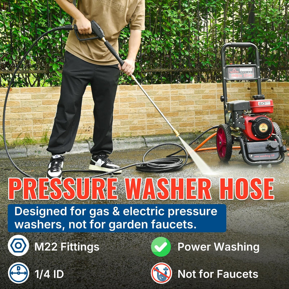 YAMATIC full-length coiled 25ft hose laid out to show reach advantage