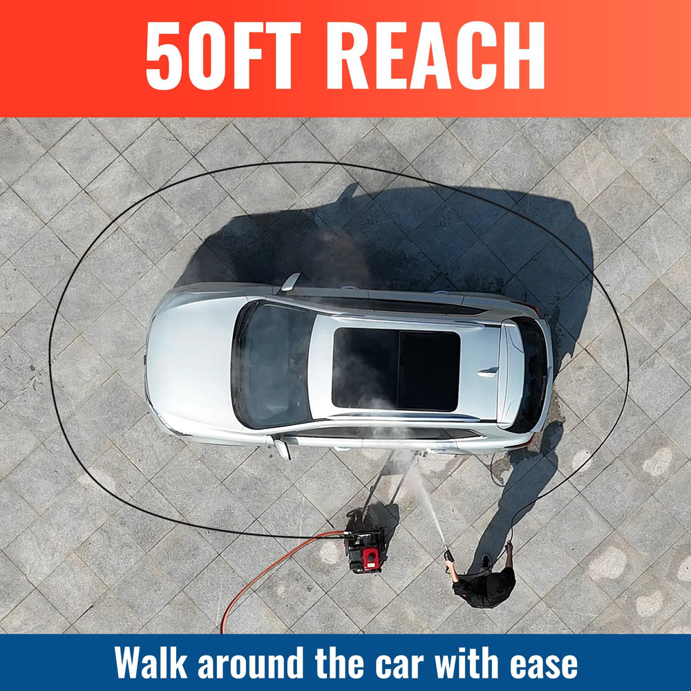 YAMATIC hose beside a foot for scale showing 25ft reach and compact profile