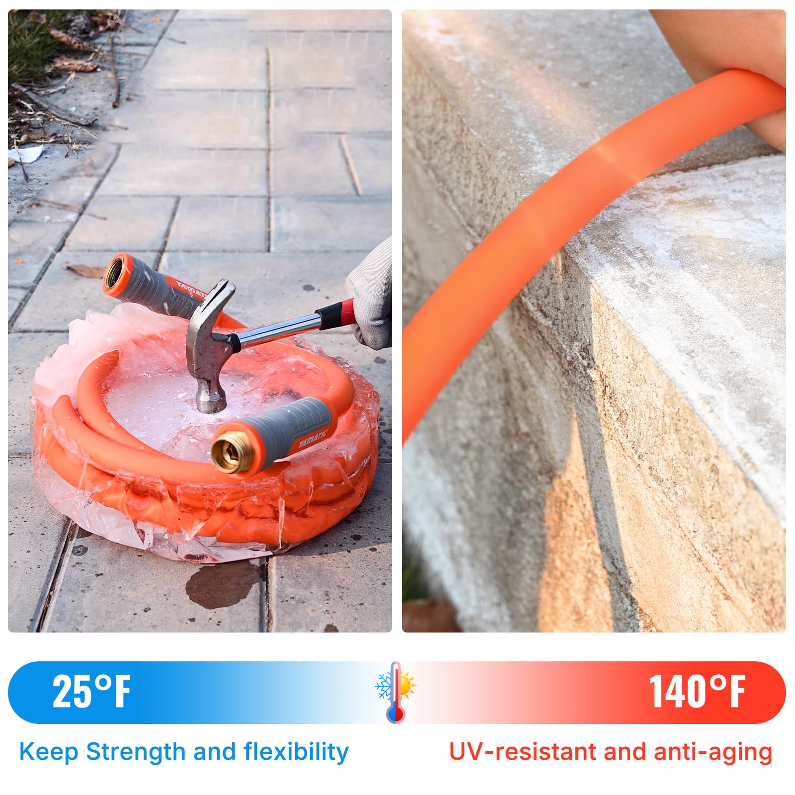 YAMATIC hose draped over lawn demonstrating flexible all-weather use benefit