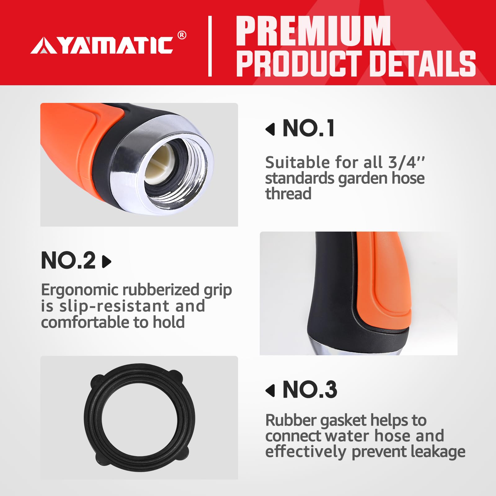 YAMATIC nozzle attached to hose showing leak-free threaded connection and gasket
