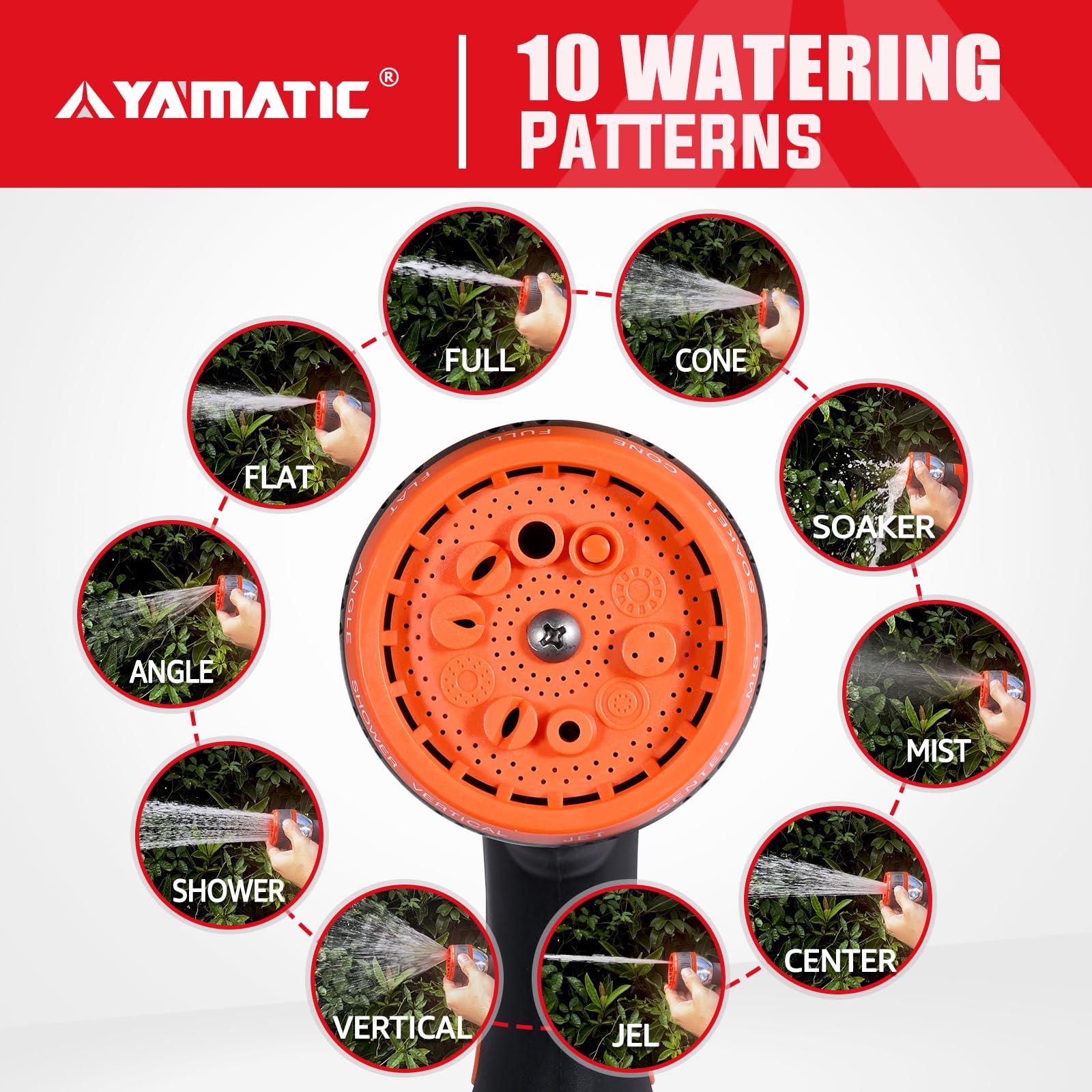 YAMATIC top view of spray-pattern dial displaying 10 options for task versatility