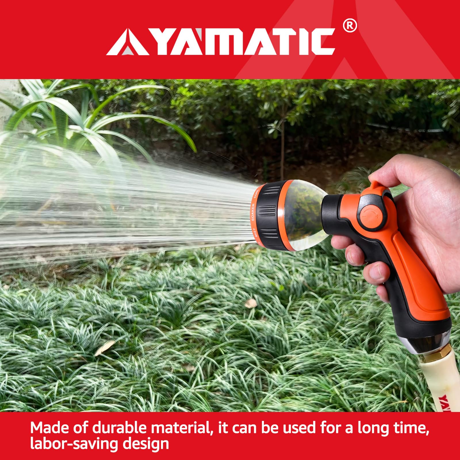 YAMATIC nozzle spraying while washing a car demonstrating powerful, adjustable stream