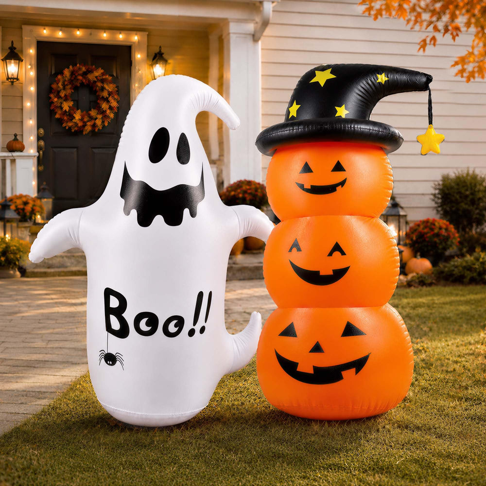 Yard Pals front view of pumpkin and ghost showing playful curb appeal