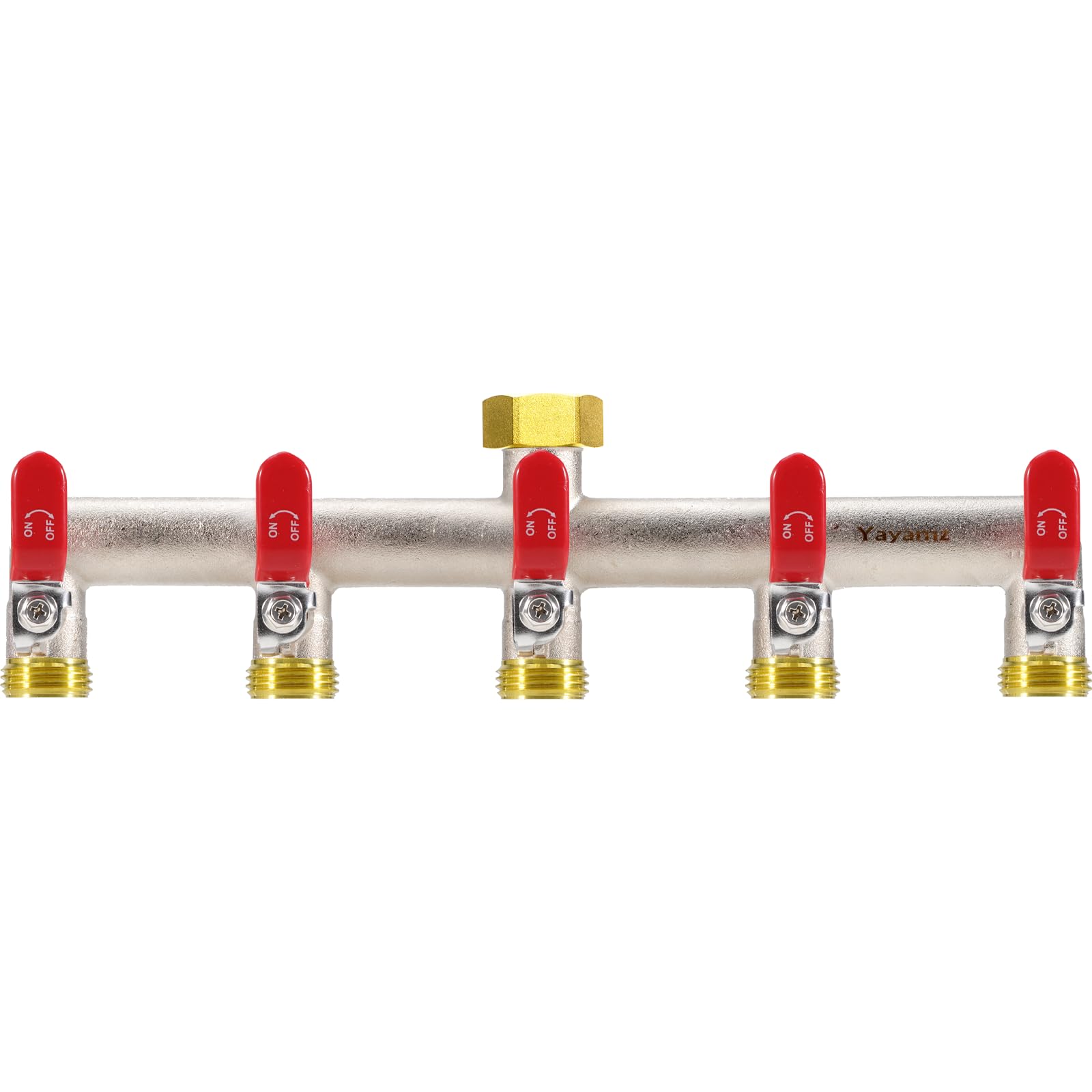 Yayamz front view of 5-way brass splitter showing all five outlets and red finish for quick identification