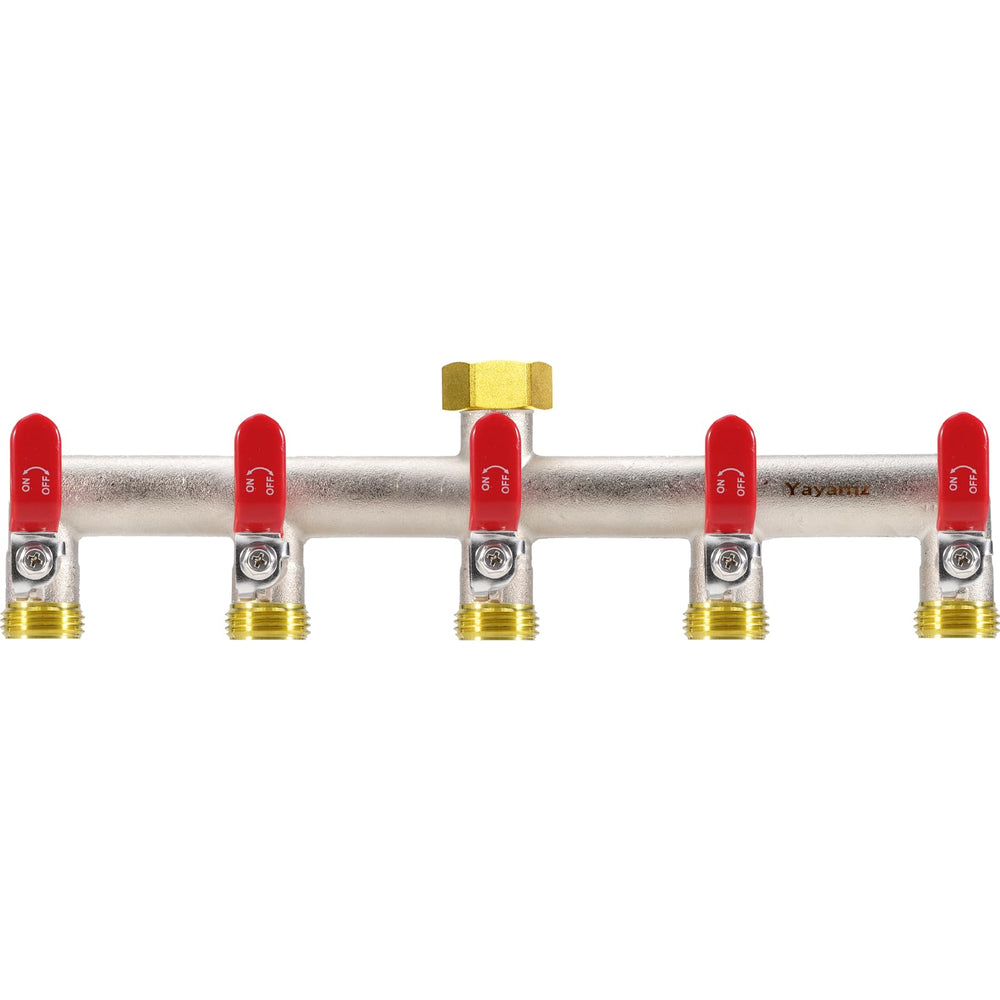 Yayamz front view of 5-way brass splitter showing all five outlets and red finish for quick identification