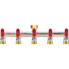 Yayamz front view of 5-way brass splitter showing all five outlets and red finish for quick identification