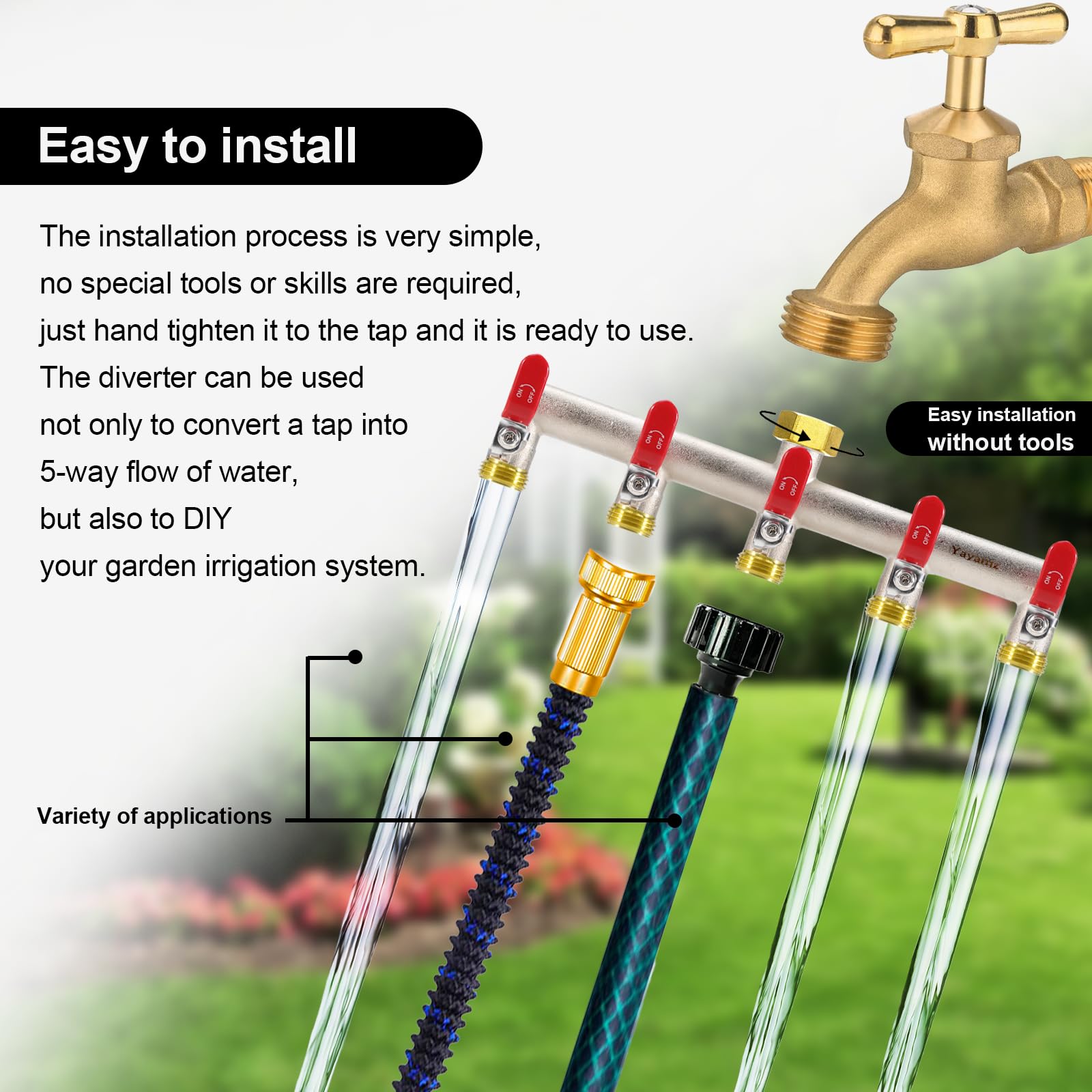 Yayamz in a garden setting with hoses and timers connected to show multi-zone watering practicality