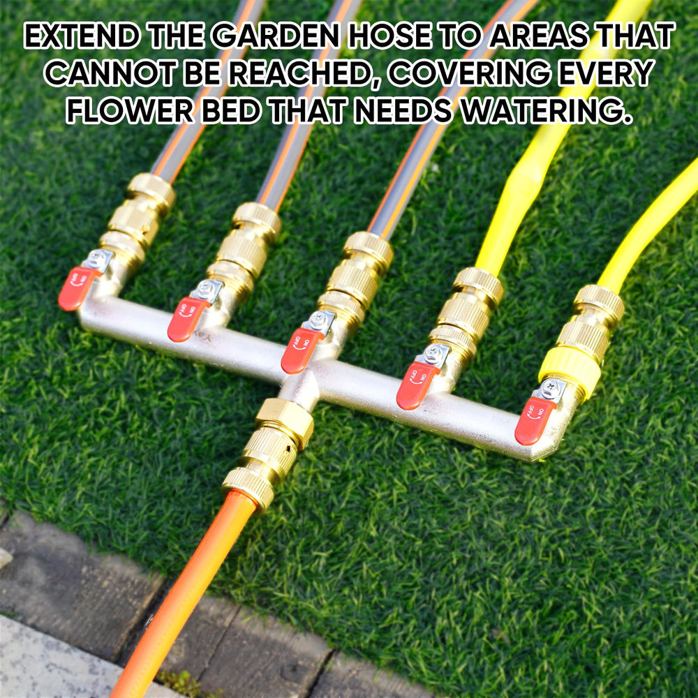 Yayamz next to garden hose for size comparison illustrating 12.2 x 3.45 inch footprint and outlet layout