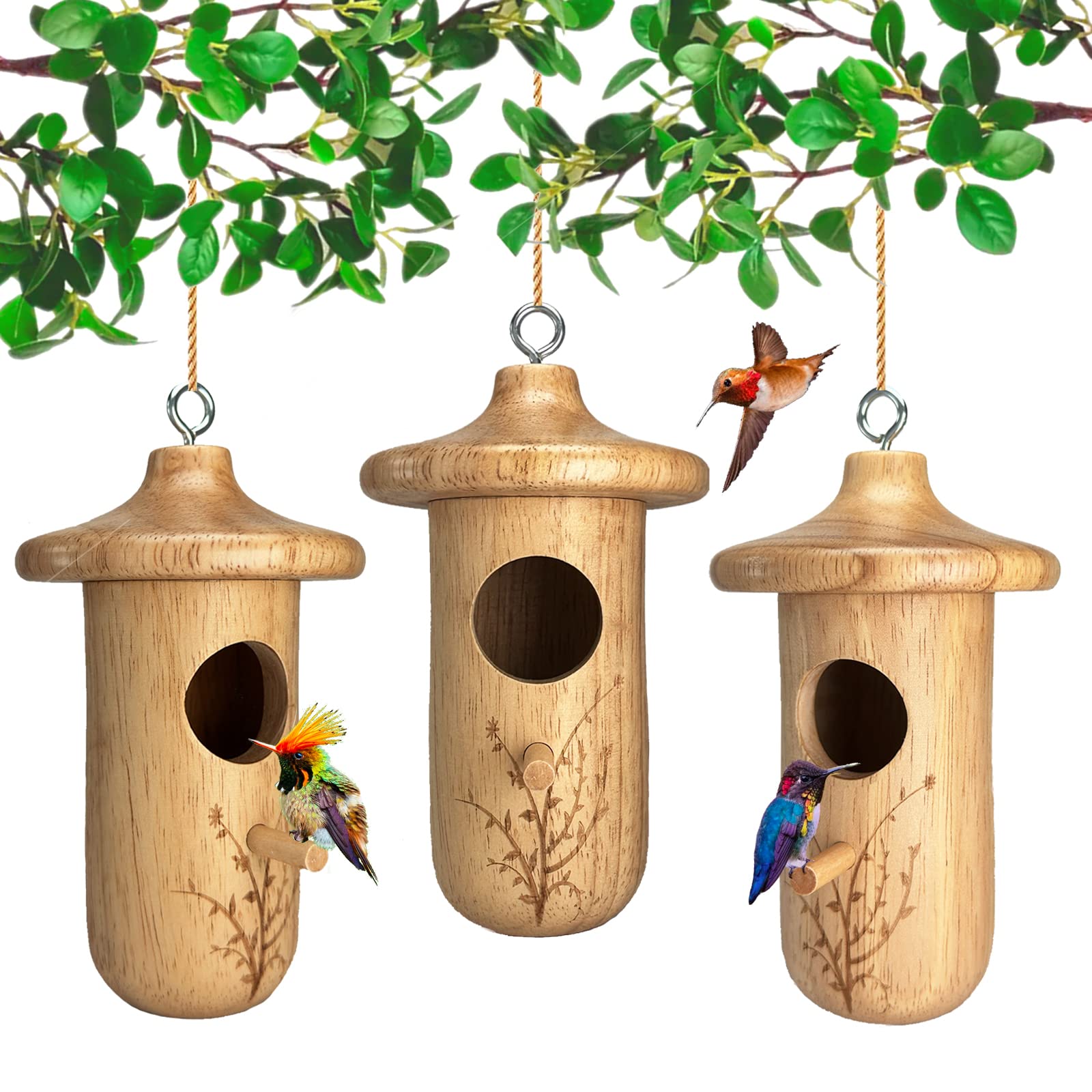 yewacne front view of three wooden hummingbird houses showing rustic appeal and natural shelter