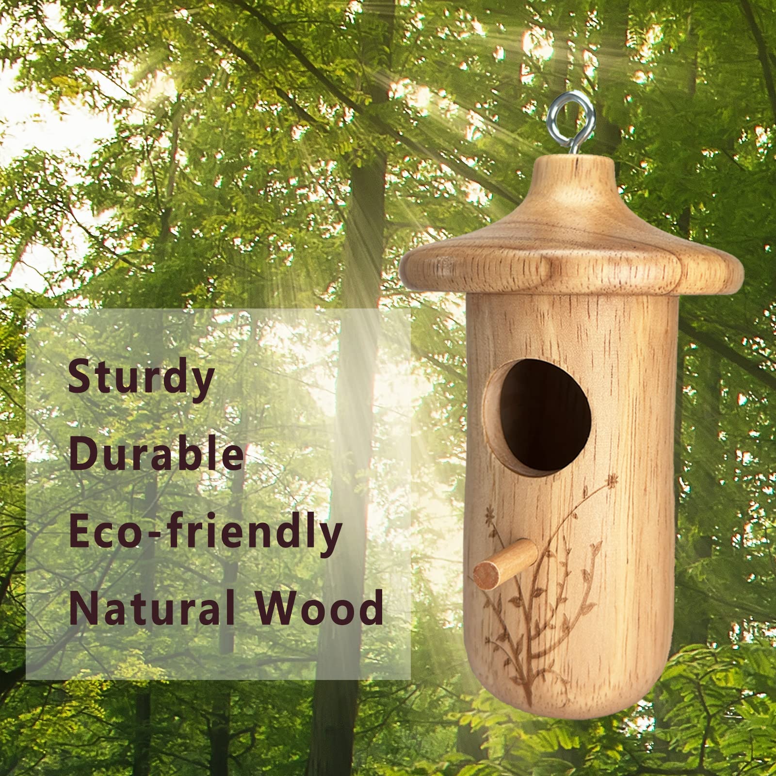 yewacne hummingbird house hanging from branch in garden attracting birds to flowers