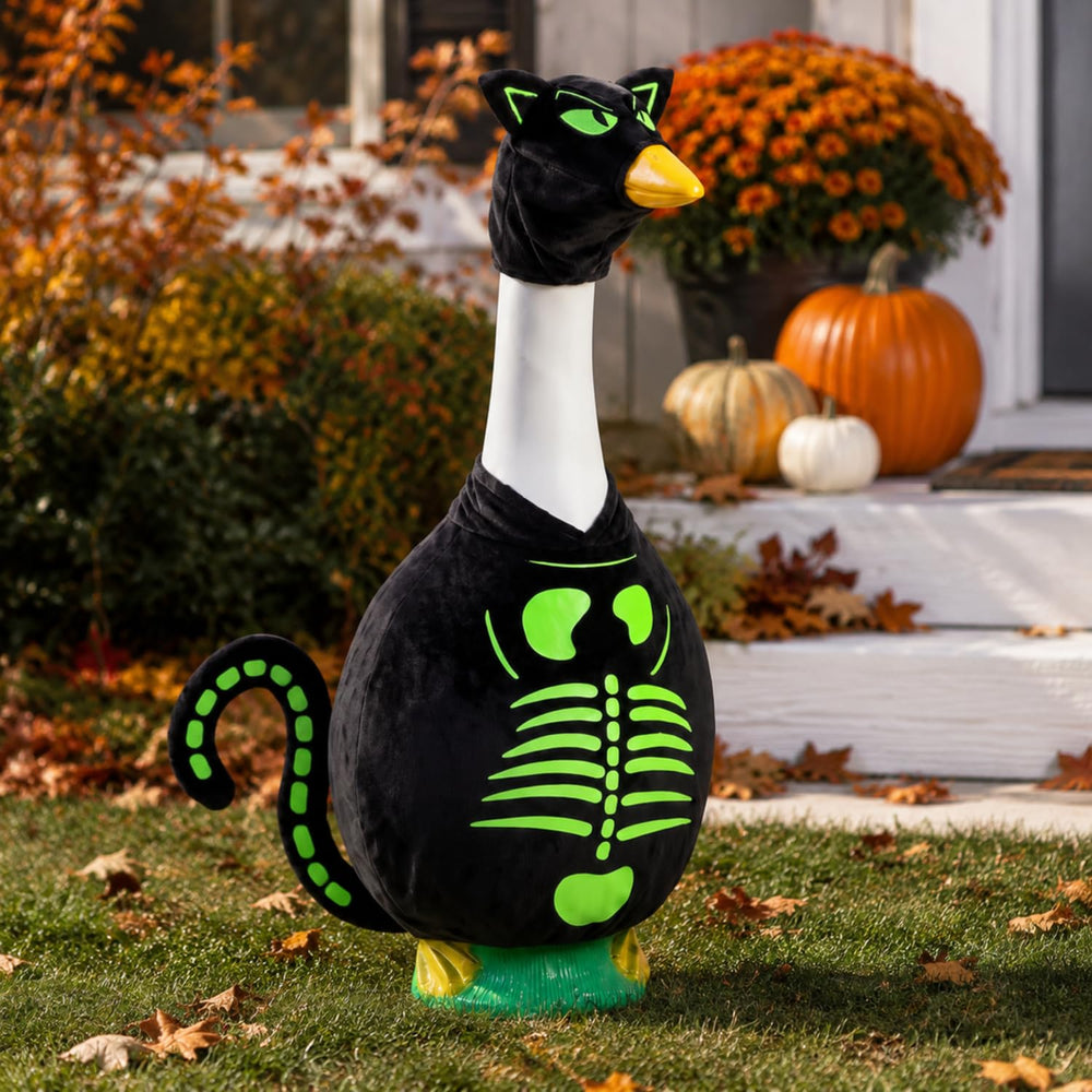 Yeyeplum goose costume glowing at dusk showing enhanced visibility and spooky charm