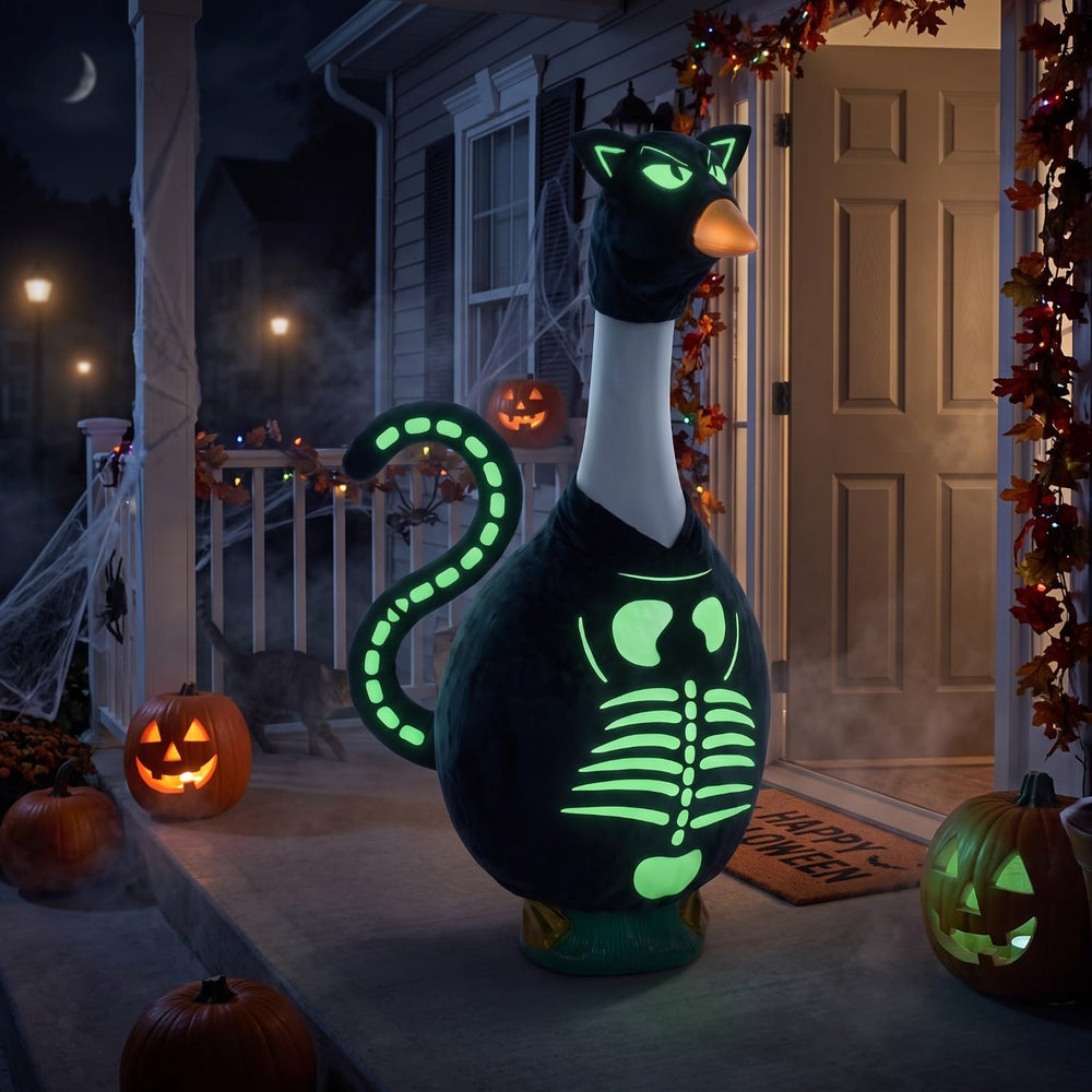 Yeyeplum styled Halloween display with goose outfit adding seasonal curb appeal