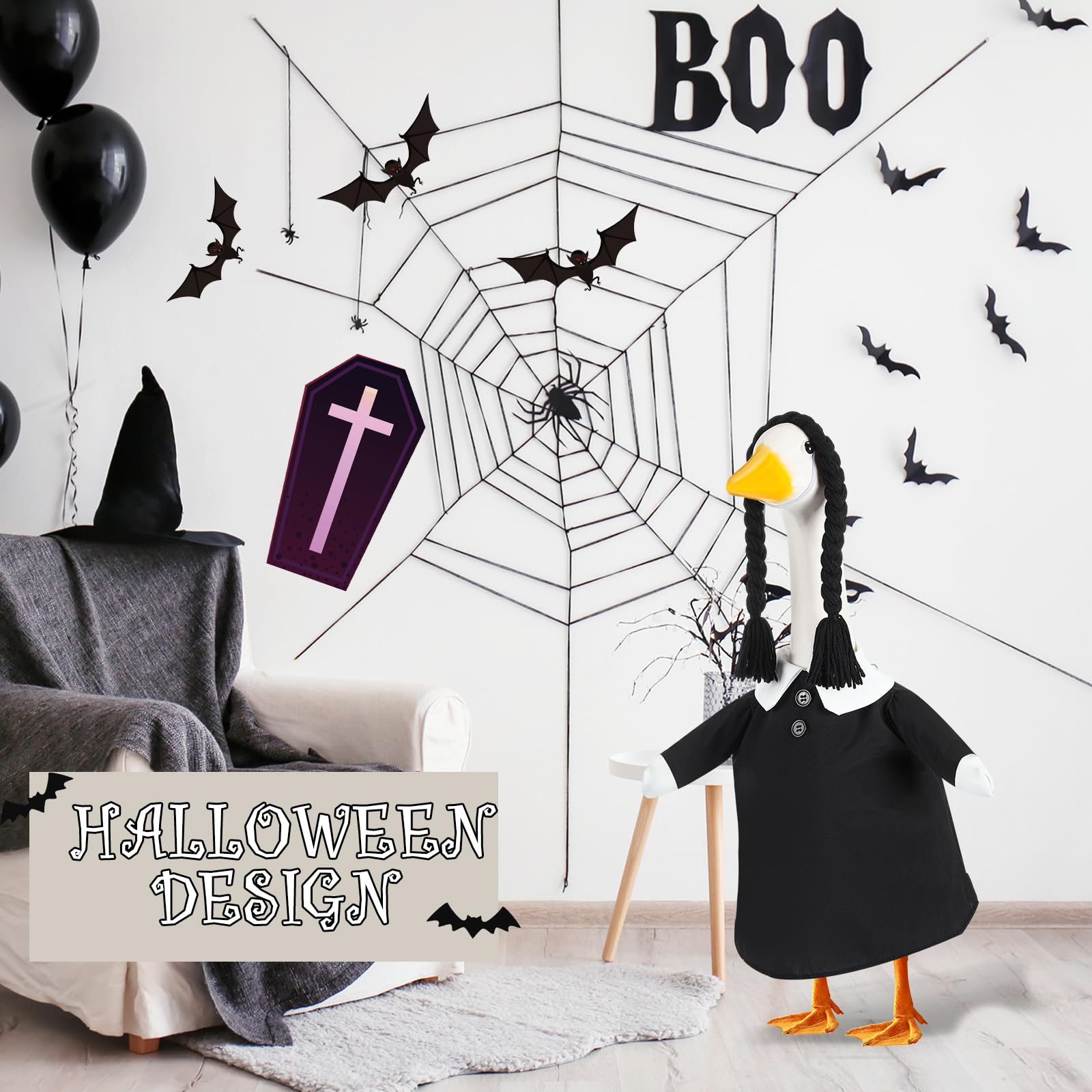 Yeyeplum goose wearing outfit on porch creating playful seasonal display