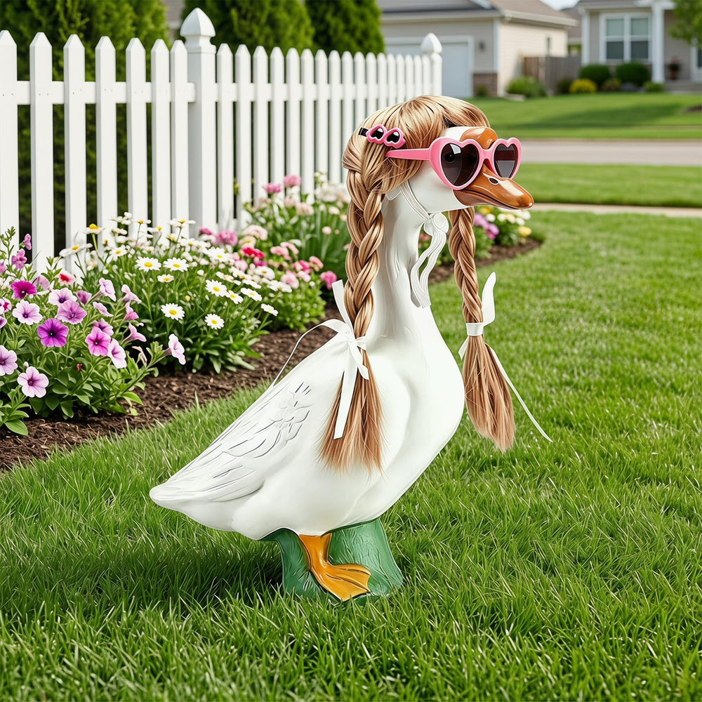 YFFSQXH installed on a 17-inch lawn goose in yard illustrating scale and playful accent