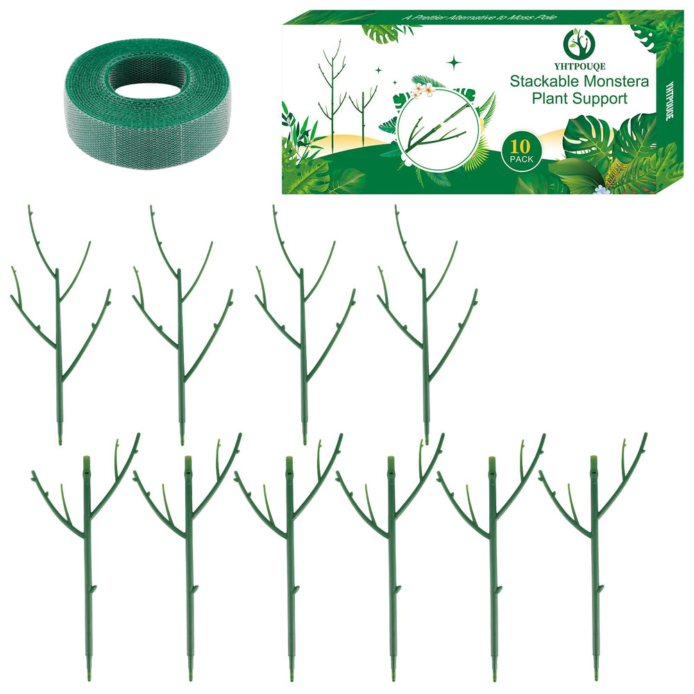 Yhtpouqe front packaging showing ten green stackable plant stakes, tidy storage benefit