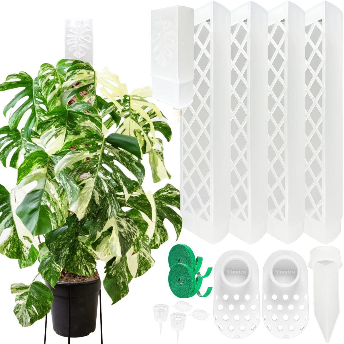 Yioviru front packaging showing the full 4-piece moss pole kit and contents for easy setup