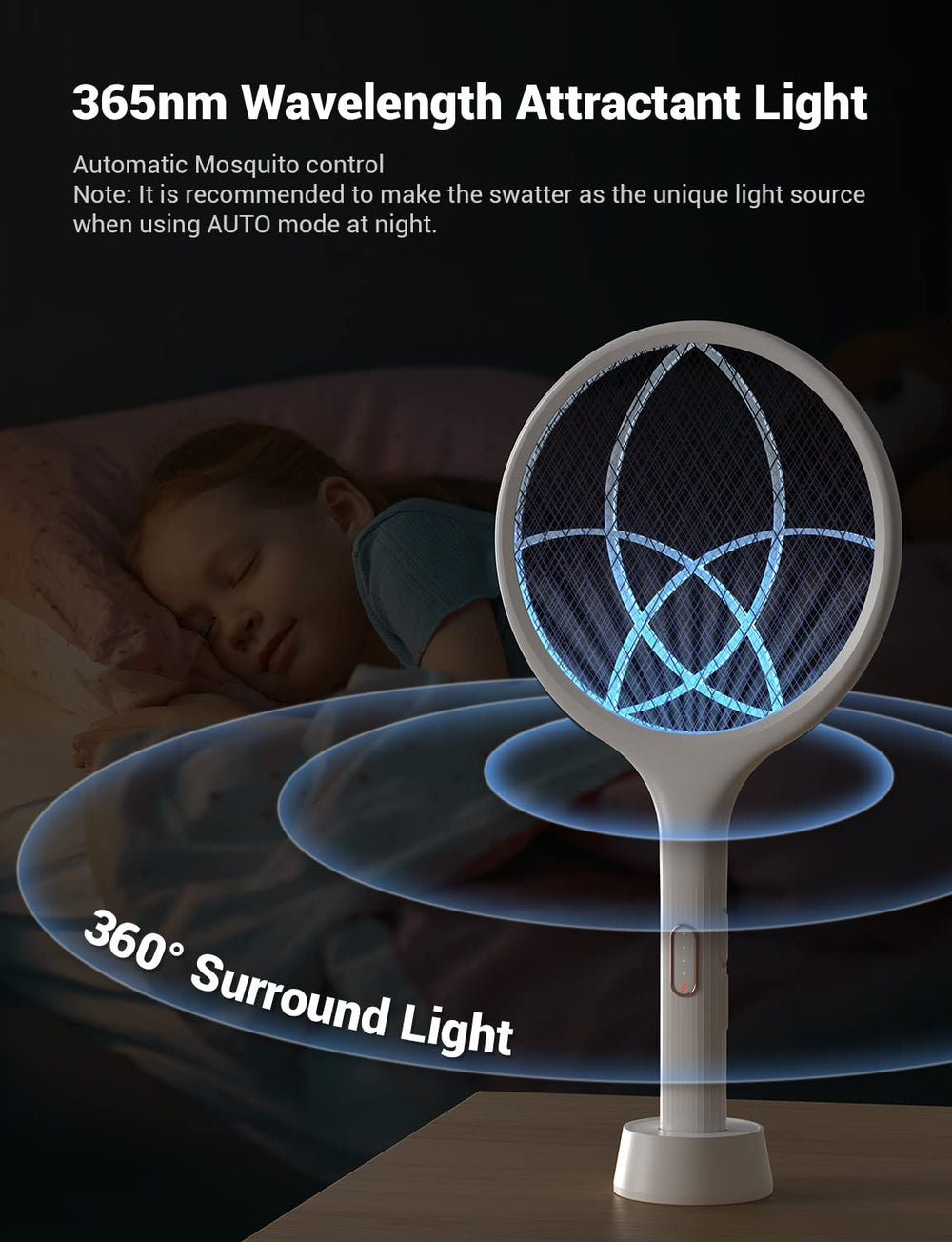 YISSVIC racket positioned on base, demonstrating hands-free auto-zap convenience