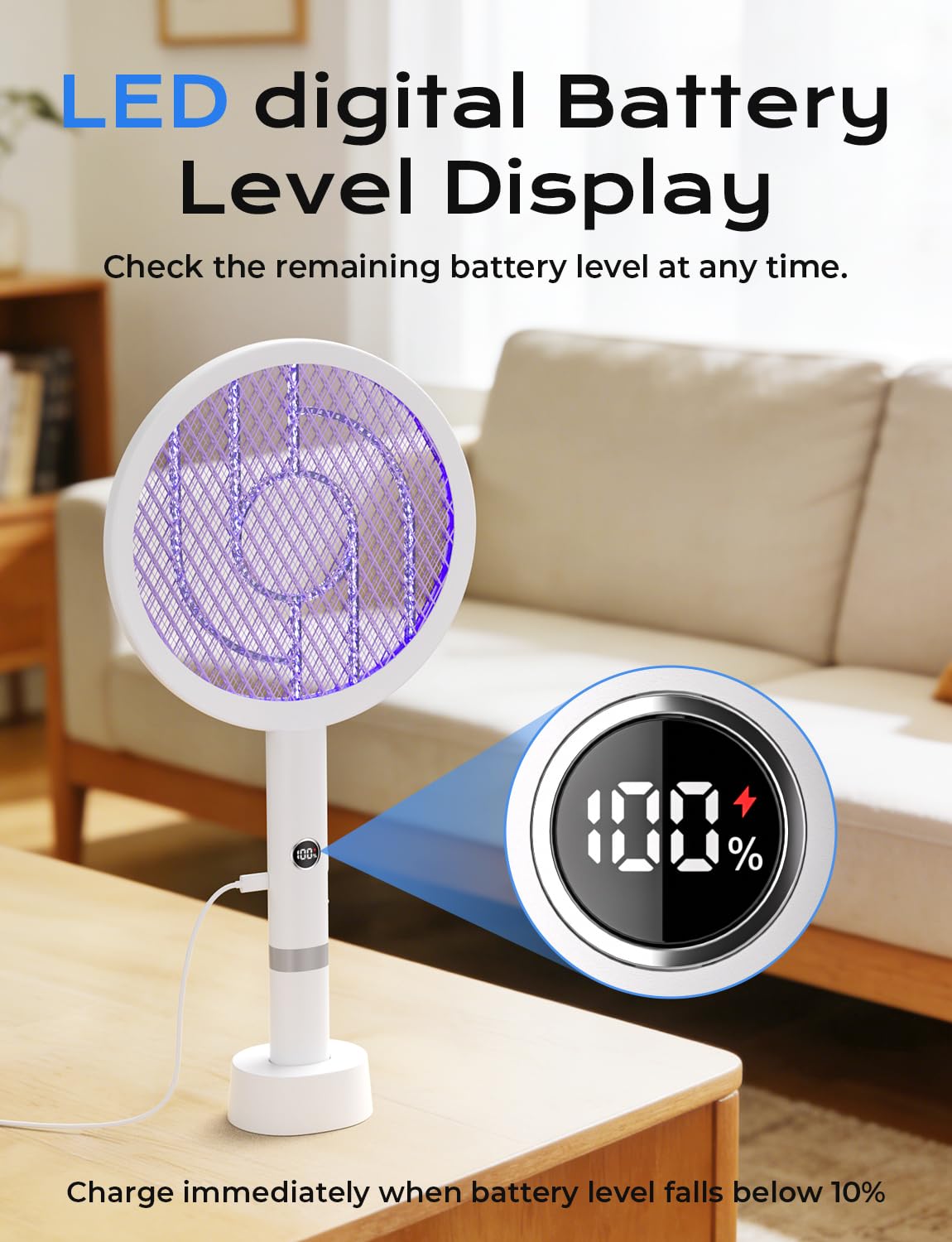 YISSVIC LED display closeup indicating battery level and charging status benefit