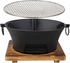 YJTAN front view of round cast iron hibachi grill showing sturdy build and portability