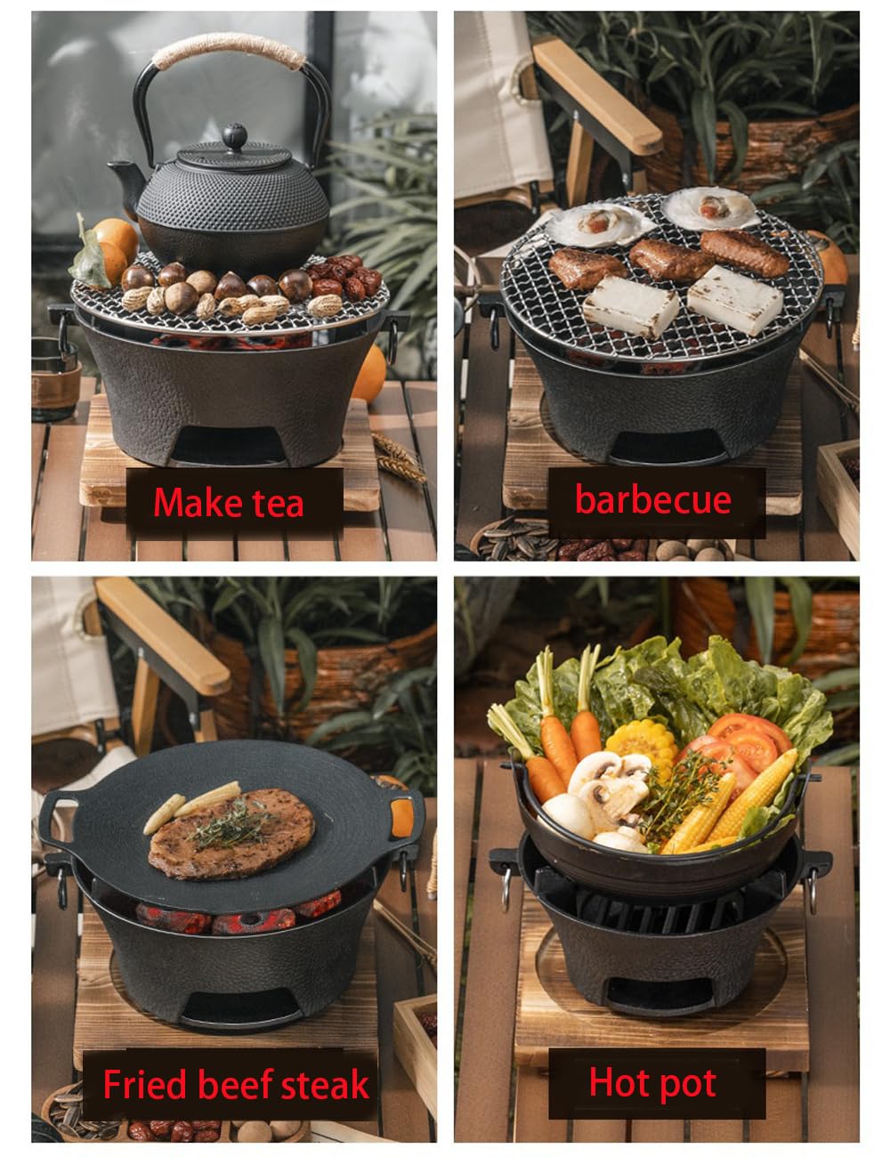 YJTAN grill in use at beach barbecue with skewers highlighting flavorful charcoal searing