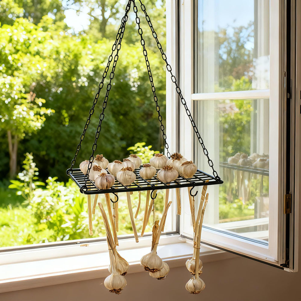 Yohsnor rack hanging in kitchen saving counter space and improving air circulation