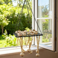Yohsnor rack hanging in kitchen saving counter space and improving air circulation