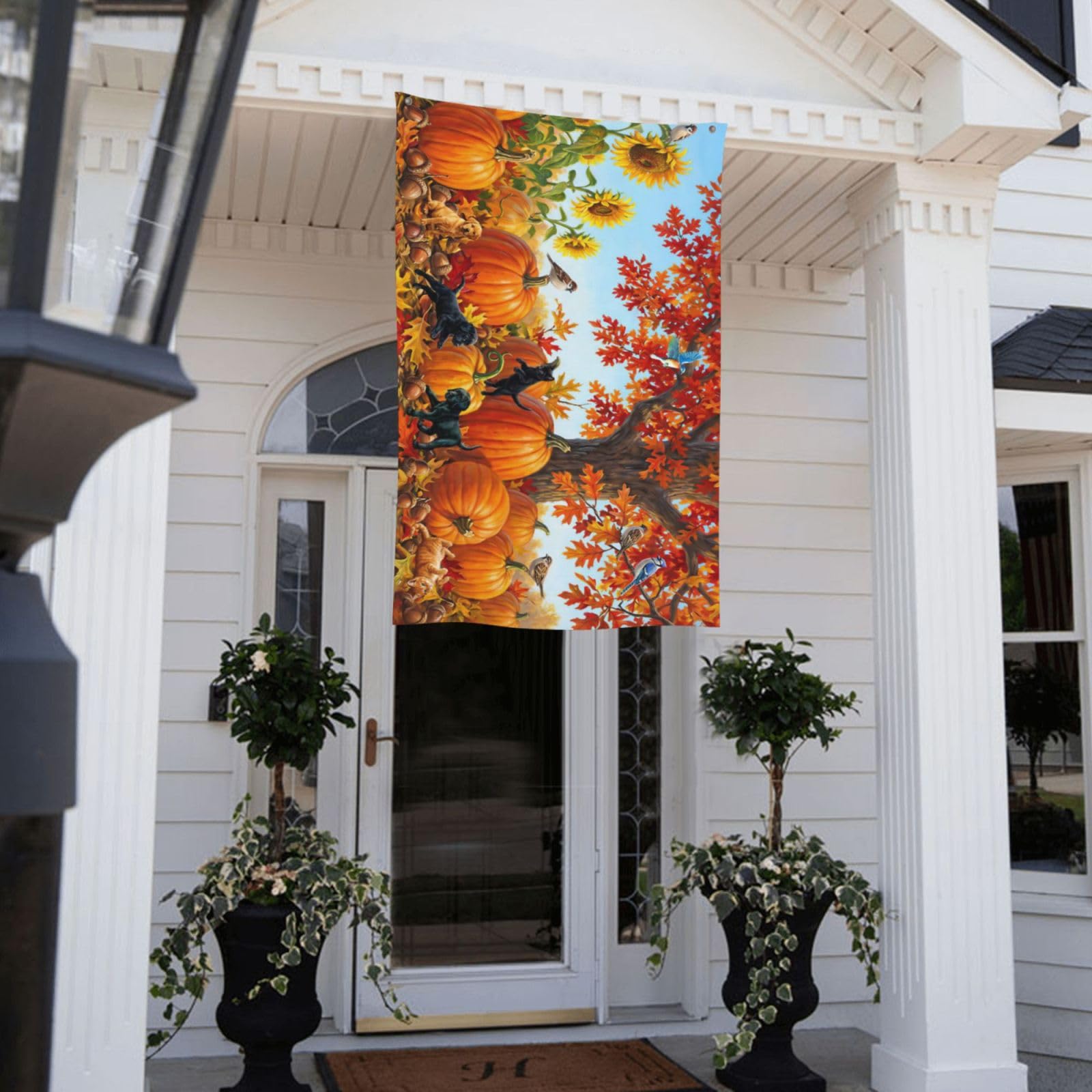Yomko flag displayed indoors in hallway adding festive fall decoration