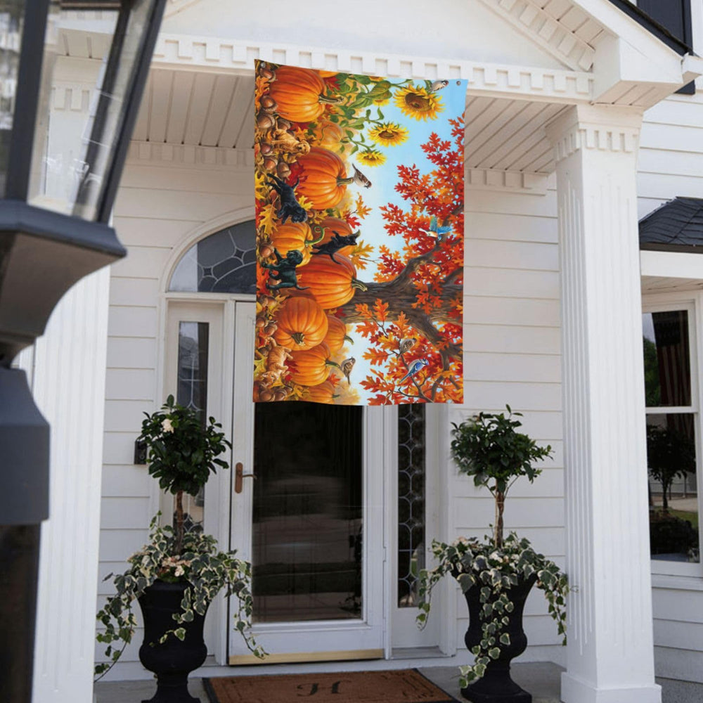 Yomko flag displayed indoors in hallway adding festive fall decoration
