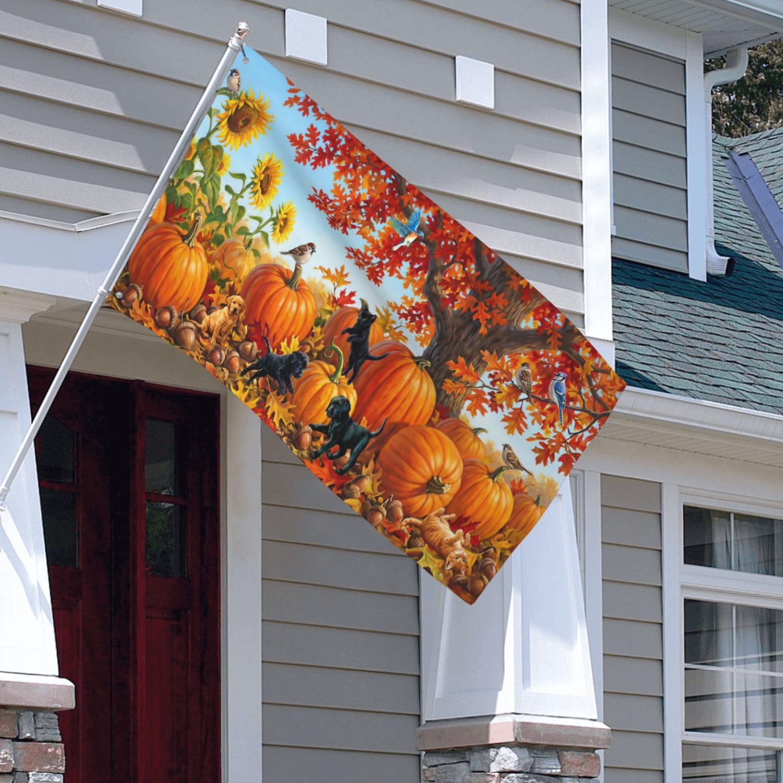 Yomko flag on lawn with scale comparison showing true 3x5 feet size