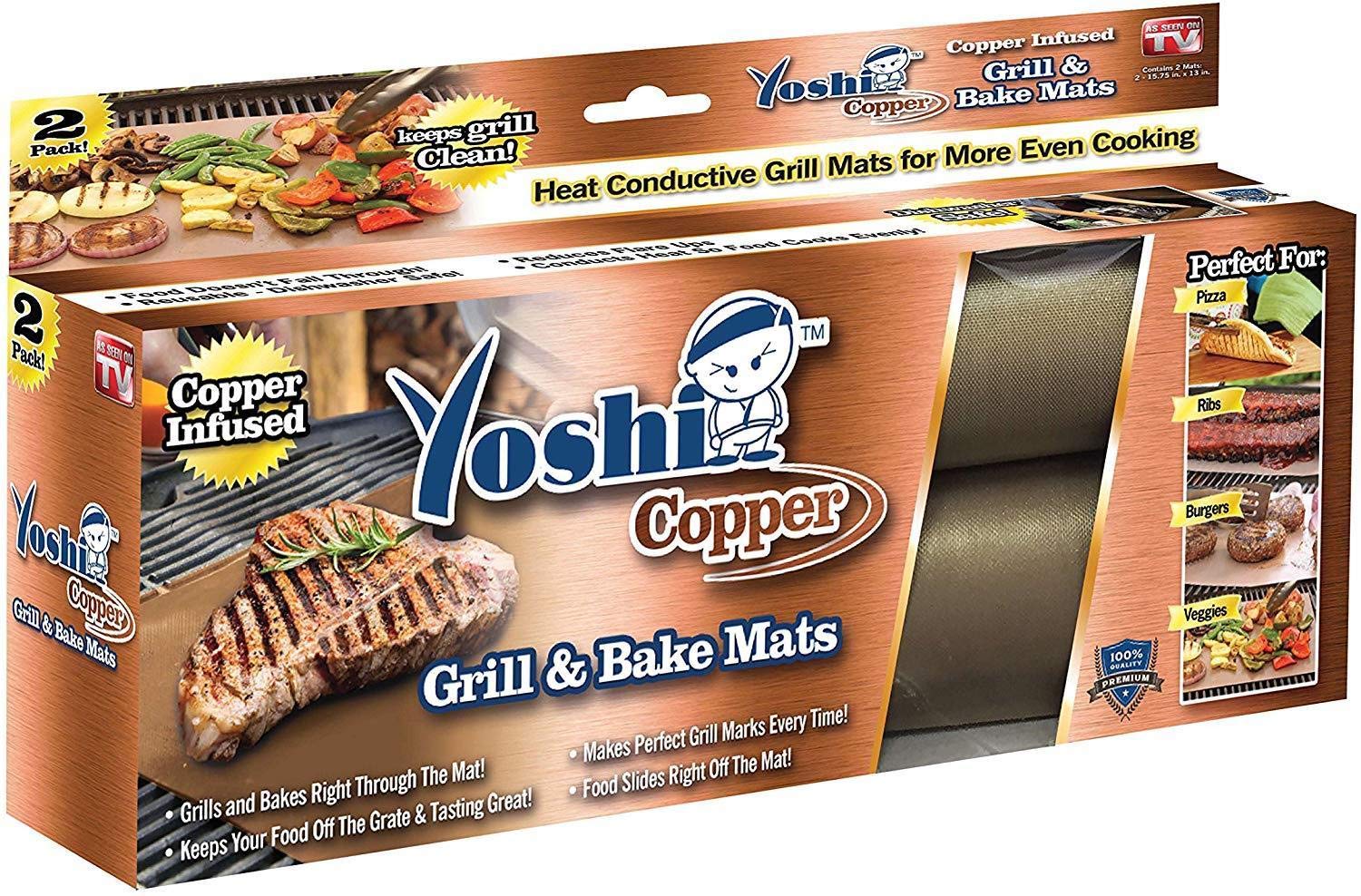 Yoshi Copper front packaging showing two reusable non-stick copper-infused mats