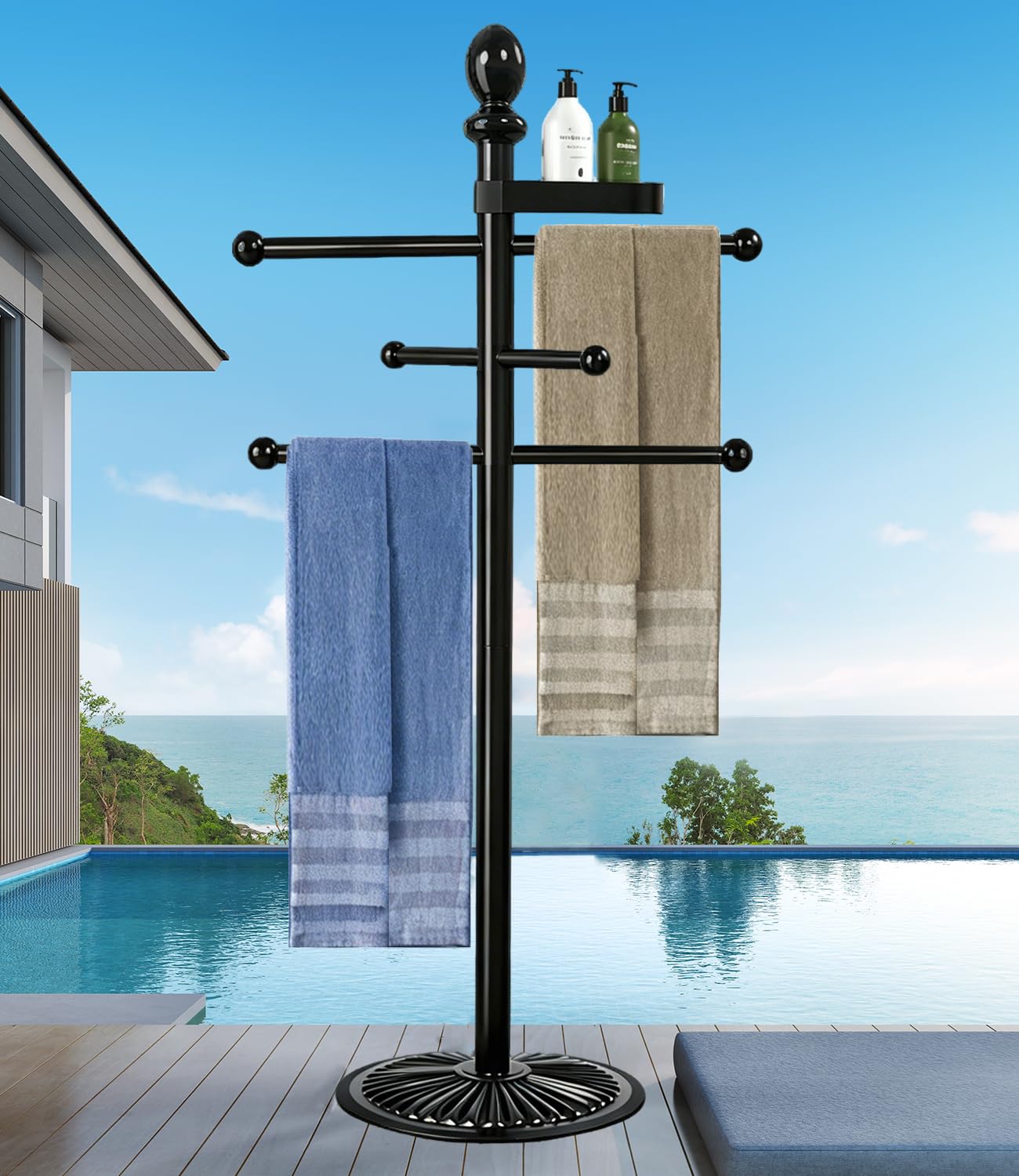 Yozoluck front view of six-bar towel rack showing organized towels and curb appeal