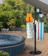 Yozoluck towel rack placed beside a pool illustrating outdoor convenience
