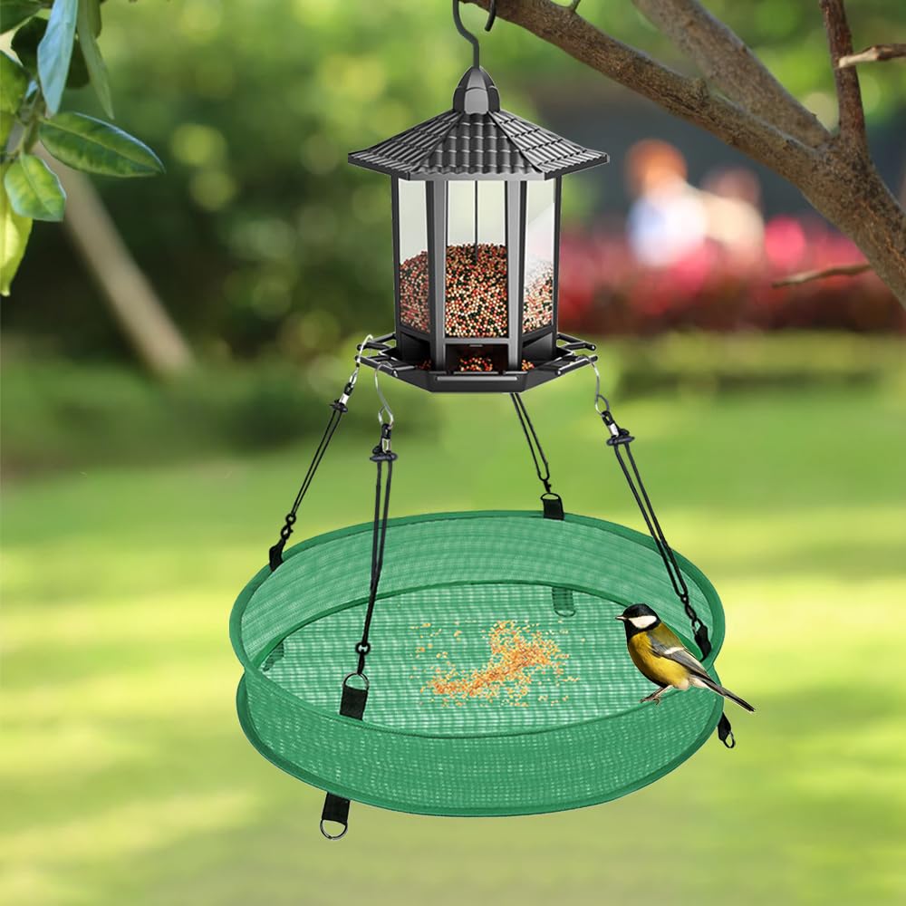 YPDiXDi seed catcher in use under hanging feeder catching fallen seed