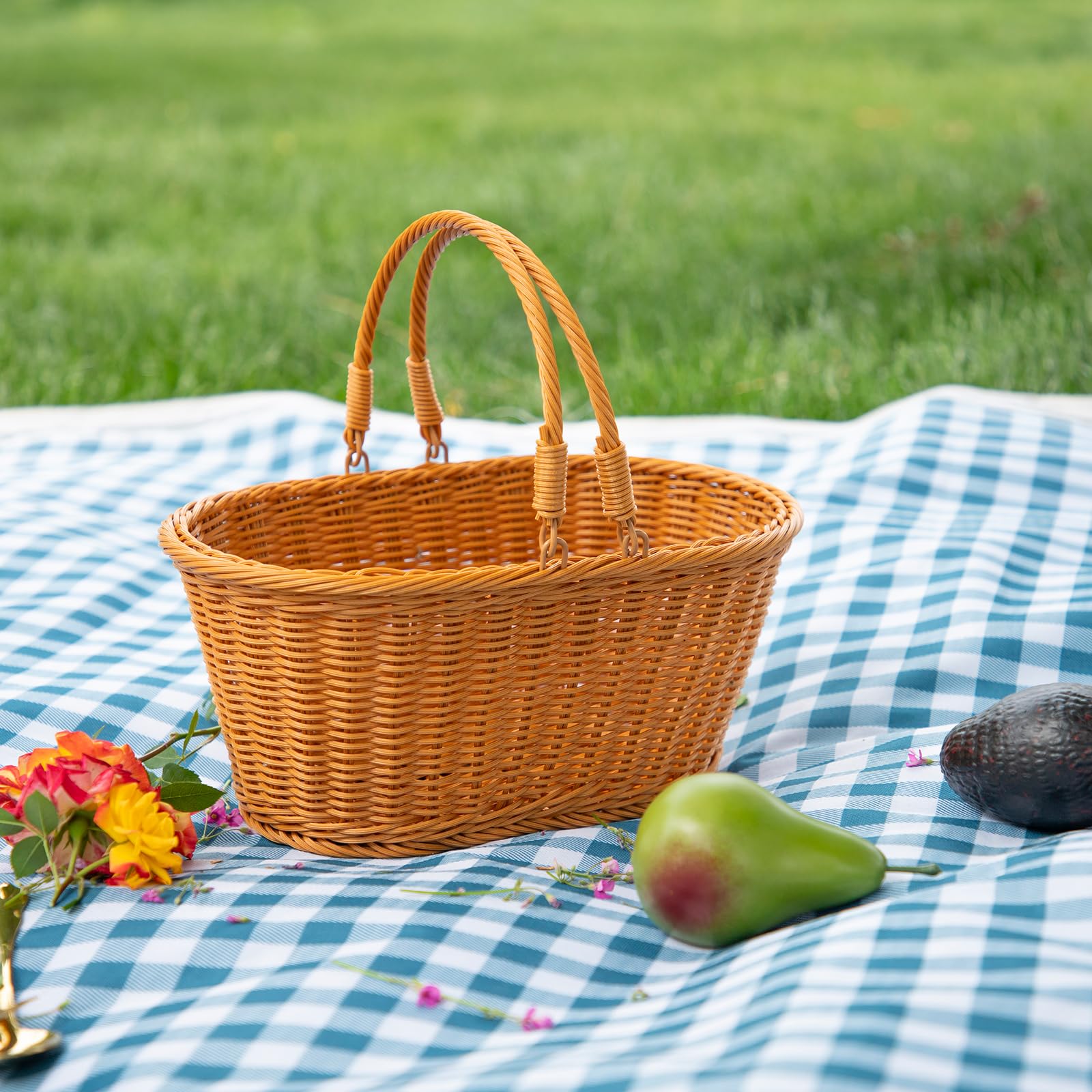 YRMTKIHE basket next to hand for scale showing compact portable size