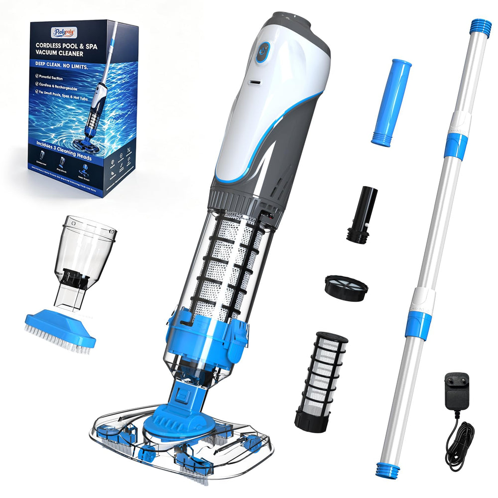 YSMJ front view of cordless pool vacuum showing compact ice-blue design and portability