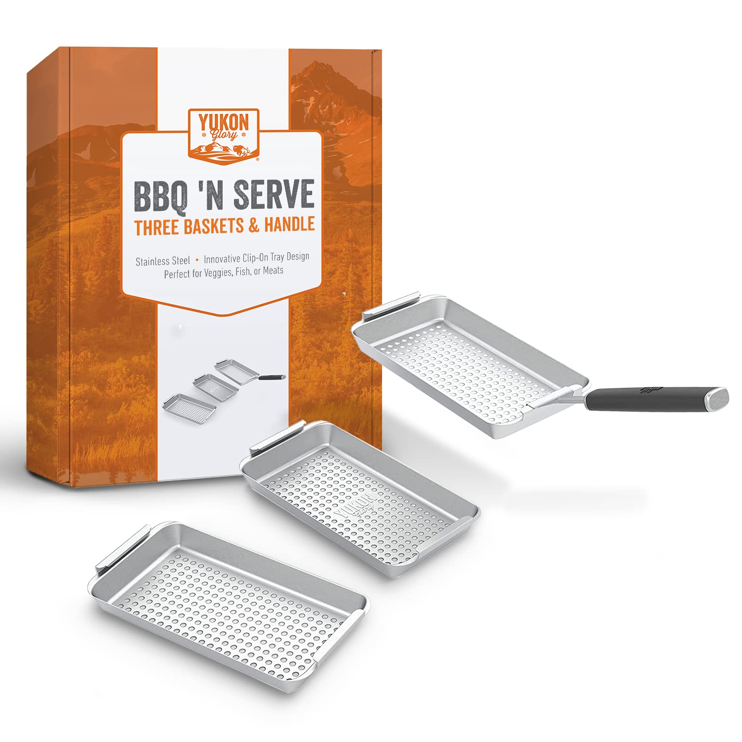 Yukon Glory front view of three baskets showing durable stainless steel construction and convenient grilling